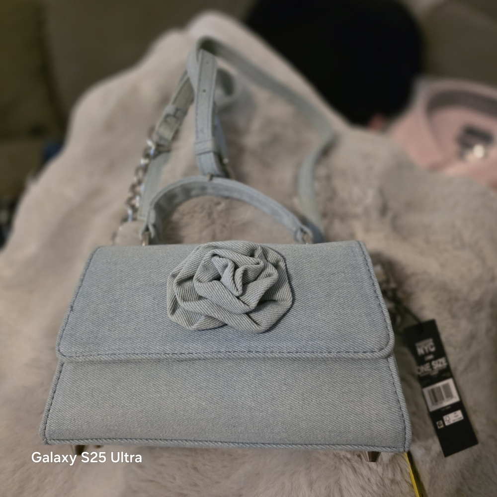 Elegant Light Blue Crossbody Bag with Floral Accent